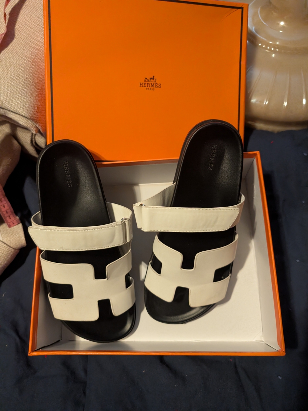 Hermes White & Black Oran Slide Sandals